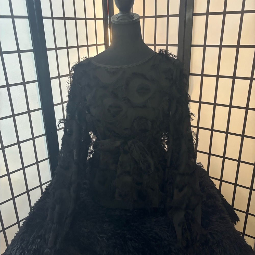 Black Textured Long-Sleeve Tie-Waist Blouse